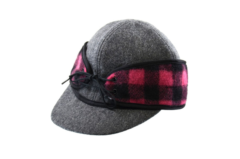Ladies Solid Color Wool Blend with Buffalo Check Railroad Hat with Ponytail Hole