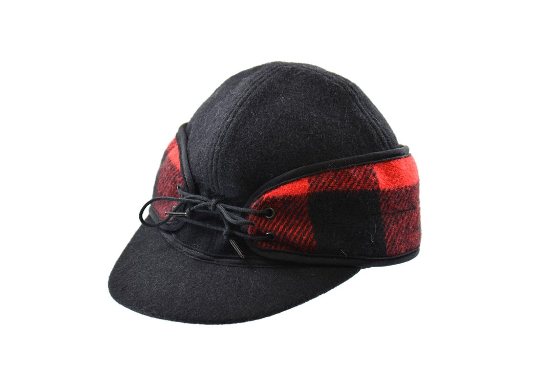 Ladies Solid Color Wool Blend with Buffalo Check Railroad Hat with Ponytail Hole