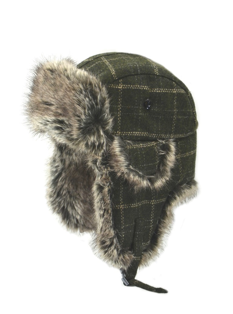 Wool Blend Plaid Twill Aviator with Faux Fur Trim