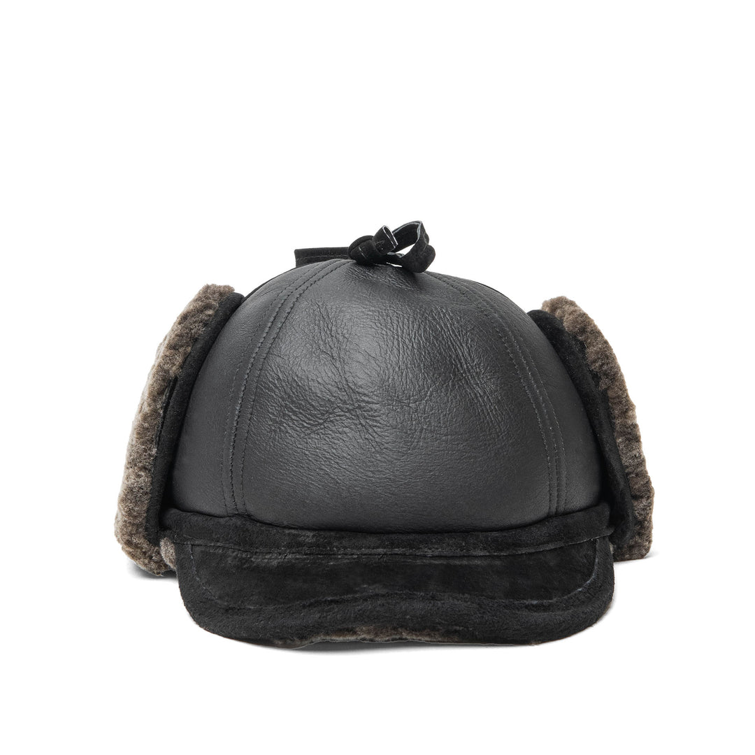 "The Drake" Peaked Shearling Hat with Suede Ties & Visor