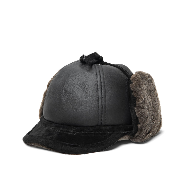 "The Drake" Peaked Shearling Hat with Suede Ties & Visor