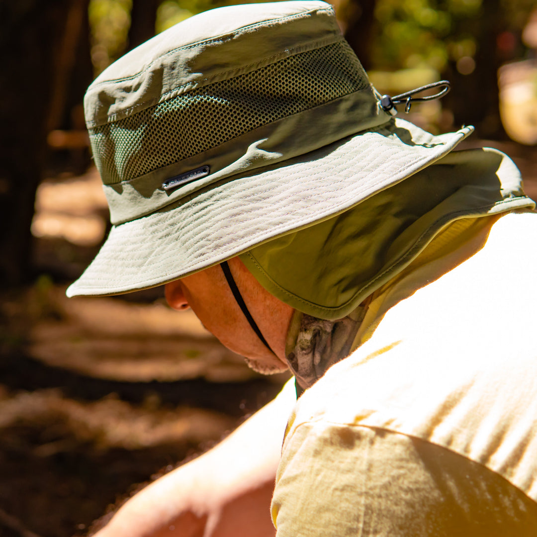 Person wearing a wide-brimmed hat in a forest setting