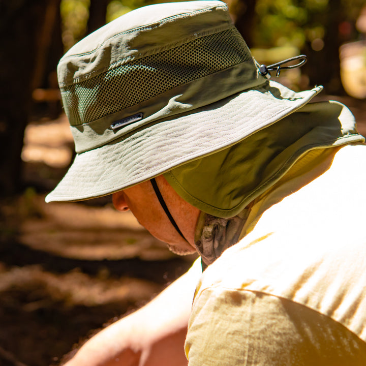 Person wearing a wide-brimmed hat in a forest setting