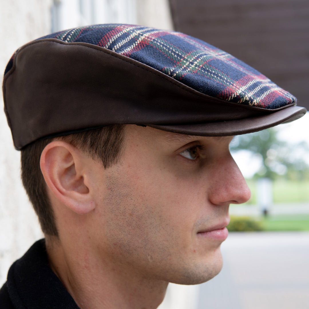 Wool Highland Plaid Ivy Cap with Leather Contrast