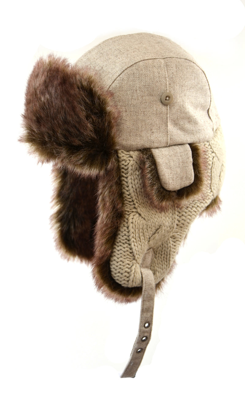Wool Cable Knit Aviator with Faux Fur Trim