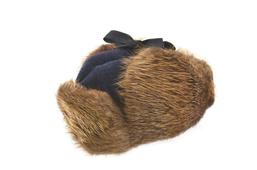 Muskrat Fur & Melton Brown Wool Trapper Hat - Natural Fur Winter Headwear