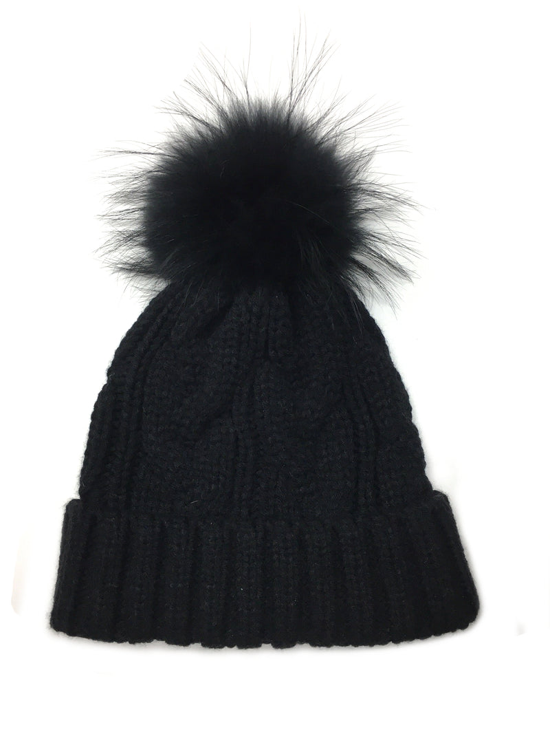 Braided Cable Knit Cuffed Beanie with Tonal Raccoon Pom