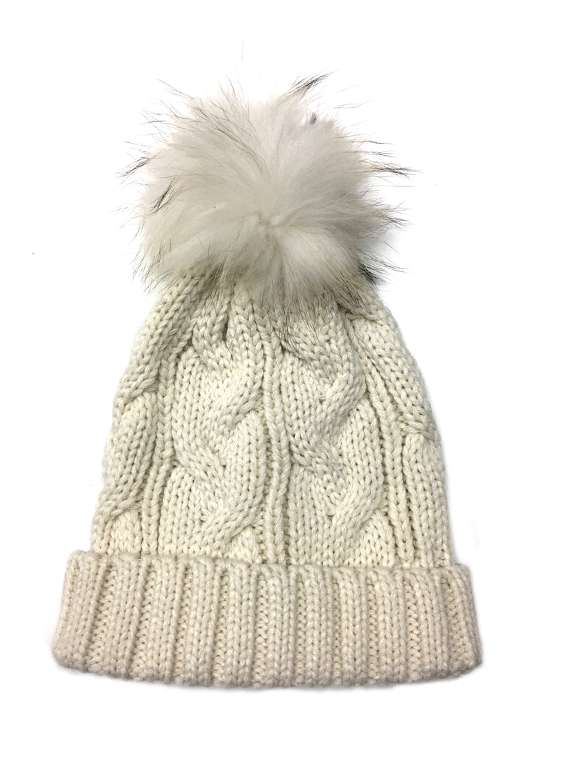 Braided Cable Knit Cuffed Beanie with Tonal Raccoon Pom